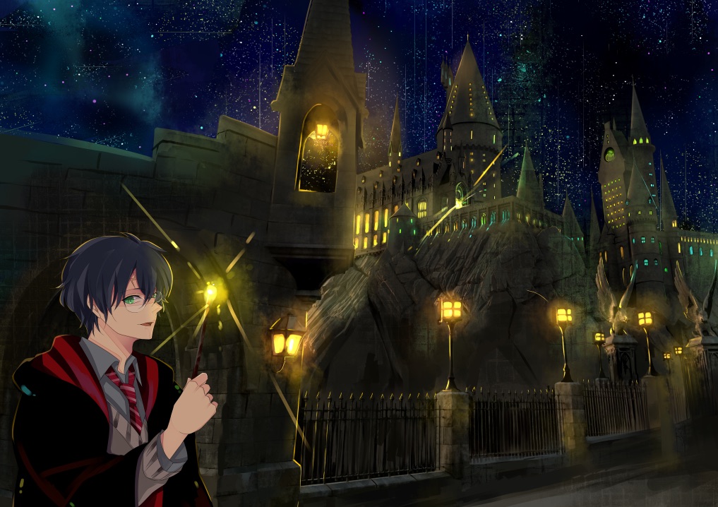 1boy, ayabe_kyou_(ichigo_daifuku), black_hair, black_robe, glasses, green_eyes, harry_potter, harry_potter_(series)