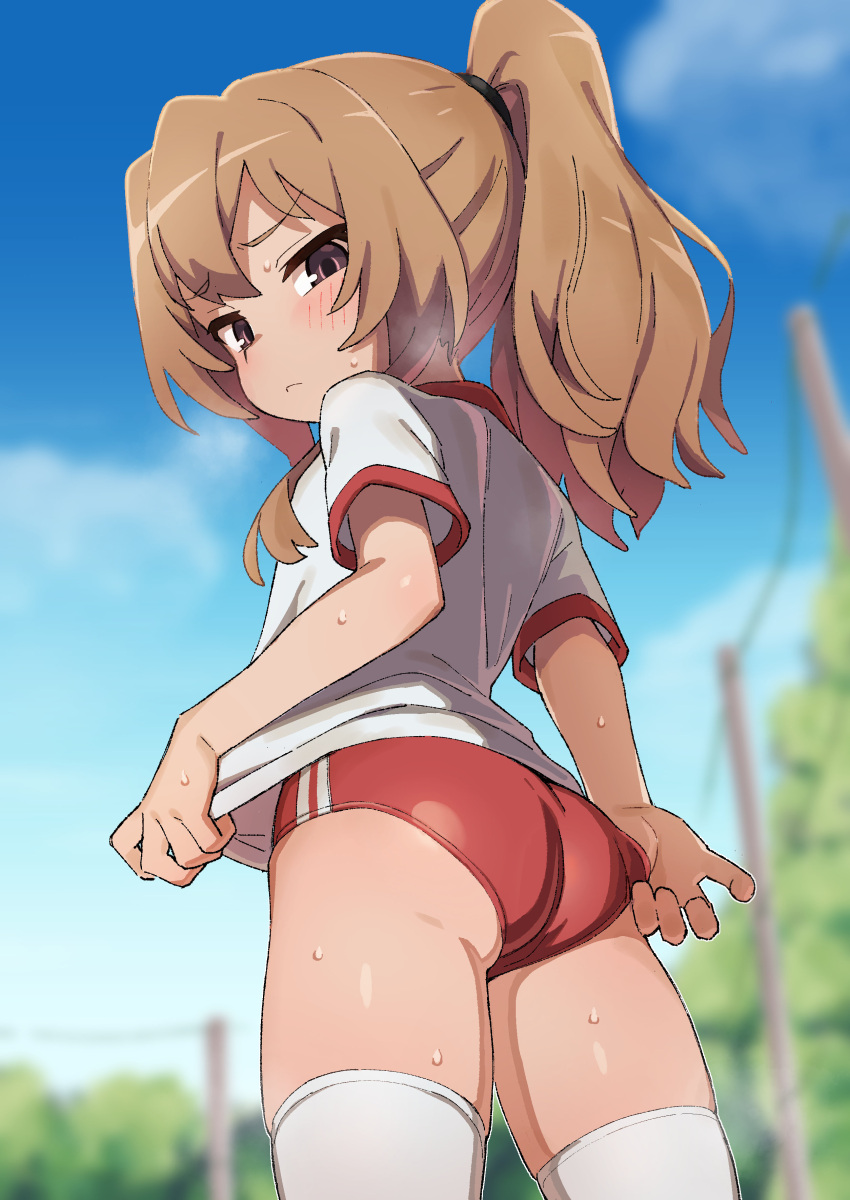 1girl, absurdres, adjusting_buruma, adjusting_clothes, aisaka_taiga, ass, bangs, blue_sky