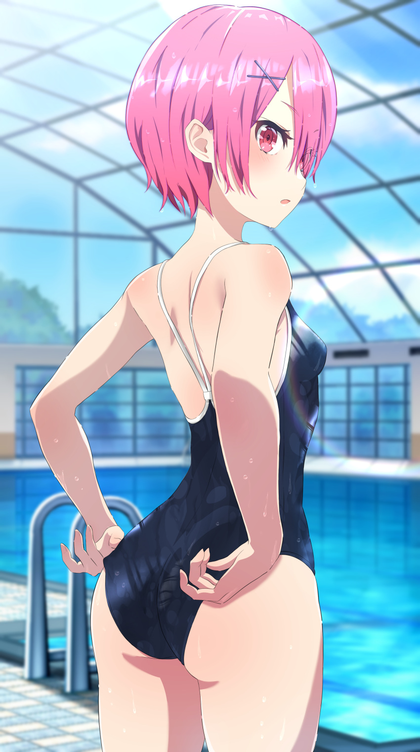 absurdres, adjusting_clothes, ass, back, blush, breasts, camui1104, clouds, day, from_behind, hair_ornament, hair_over_one_eye, hairclip, highres, looking_at_viewer, looking_back, open_mouth, pink_eyes, pink_hair, pool, ram_(re:zero), re:zero_kara_hajimeru_isekai_seikatsu, school_swimsuit, short_hair, sky, small_breasts, standing, swimsuit, wet, window