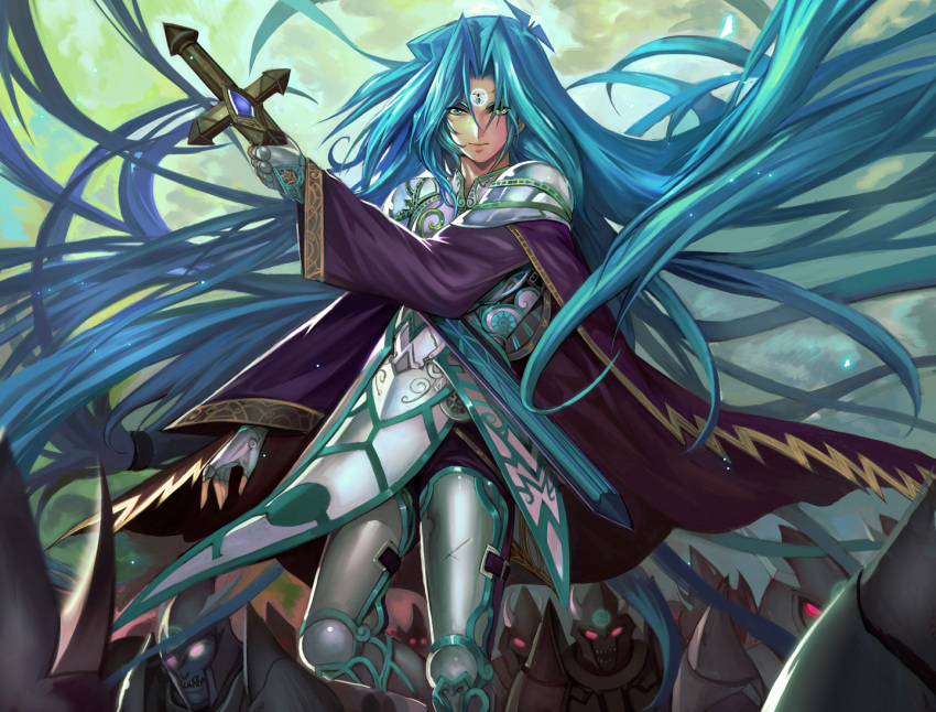 1boy, aqua_eyes, aqua_hair, armor, army, cape, dartz_(yu-gi-oh!), feet_out_of_frame, floating_hair, heterochromia, holding, holding_sword, holding_weapon, jimaoxiaodi, long_hair, long_sleeves, looking_at_viewer, orichalcos, pauldrons, red_eyes, shoulder_armor, solo, sword, very_long_hair, weapon, yellow_eyes, yu-gi-oh!, yu-gi-oh!_duel_monsters