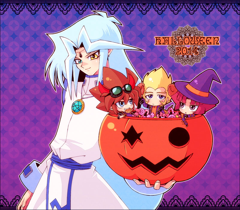4boys, amelda_(yu-gi-oh!), aqua_eyes, aqua_hair, bangs, blonde_hair, blue_eyes, brown_hair, candy, dartz_(yu-gi-oh!), duelism, food, goggles, goggles_on_head, halloween, hat, heterochromia, holding, horns, jack-o'-lantern, lollipop, long_hair, long_sleeves, multiple_boys, orichalcos, outline, purple_background, rafael_(yu-gi-oh!), red_horns, redhead, smile, spiky_hair, upper_body, valon_(yu-gi-oh!), very_long_hair, violet_eyes, white_outline, witch_hat, yellow_eyes, yu-gi-oh!, yu-gi-oh!_duel_monsters