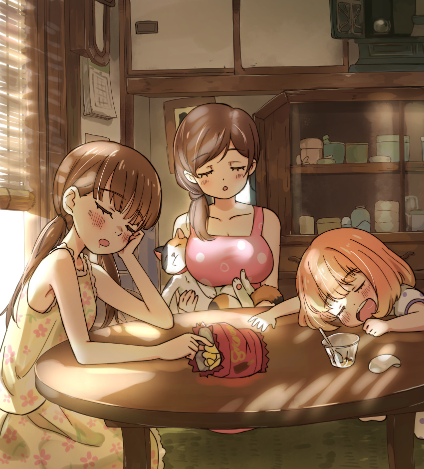 3girls, absurdres, breasts, brown_hair, cat, chips, closed_eyes, dappled_sunlight