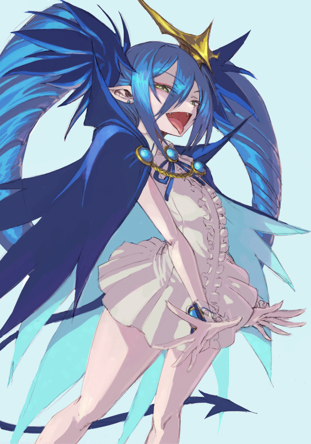 1girl, :d, blue_cape, blue_hair, blue_ribbon, blue_tail, bombergirl, brooch