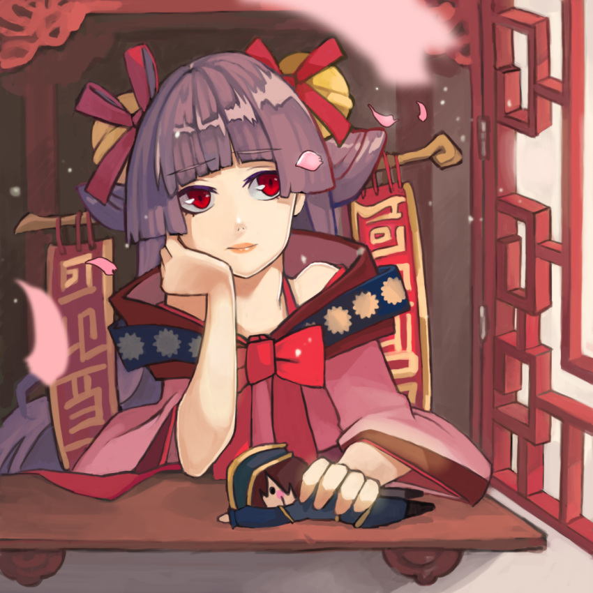 1girl, bangs, bell, blunt_bangs, bongun, bow, brown_hair, character_doll