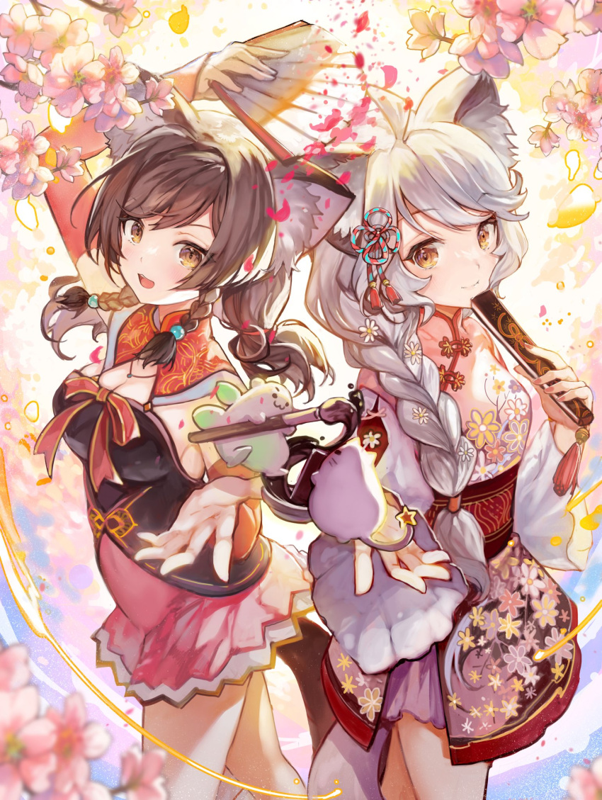 2girls, animal_ears, blush, braid, breasts, brown_eyes, brown_hair, cherry_blossoms
