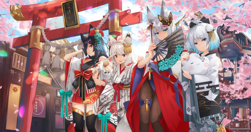 4girls, absurdres, animal_ears, black_hair, blue_eyes, blue_hair, cat_ears, cat_girl