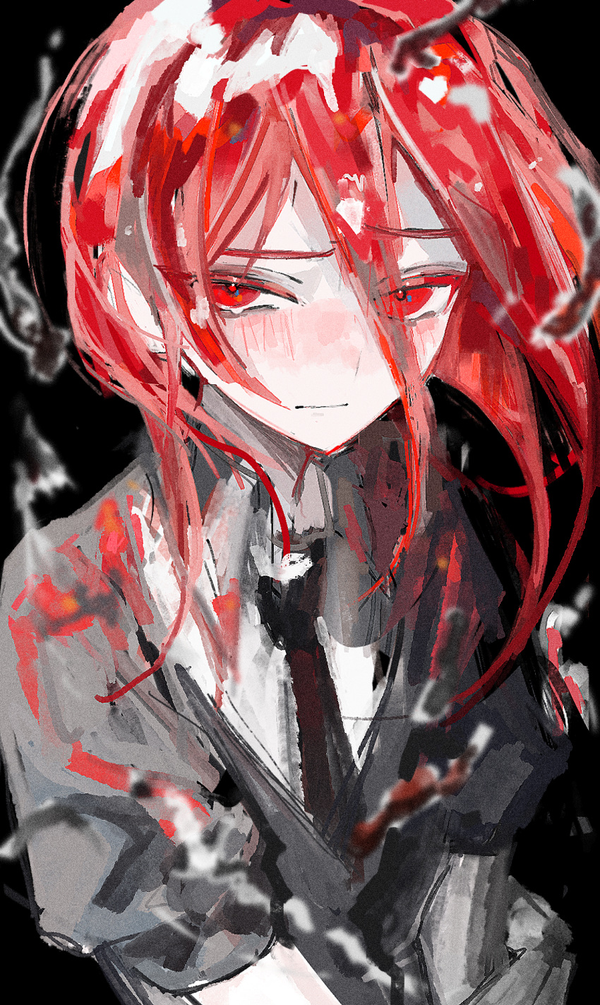 1other, androgynous, black_background, black_neckwear, blush, cinnabar, cinnabar_(houseki_no_kuni), collared_shirt