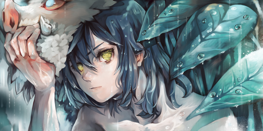 1boy, black_hair, blurry, blurry_background, boar, boar_mask, close-up, commentary_request