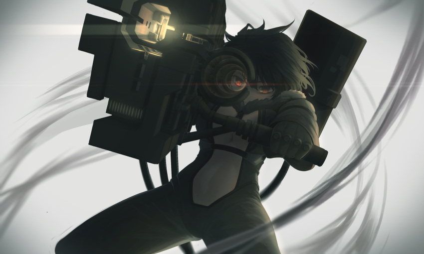 1girl, aiming, aiming_at_viewer, backlighting, black_hair, breasts, charging_device, clothing_cutout
