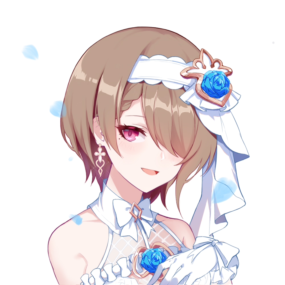 1girl, :d, bangs, bare_shoulders, blue_flower, blue_rose, bridal_veil, brown_hair