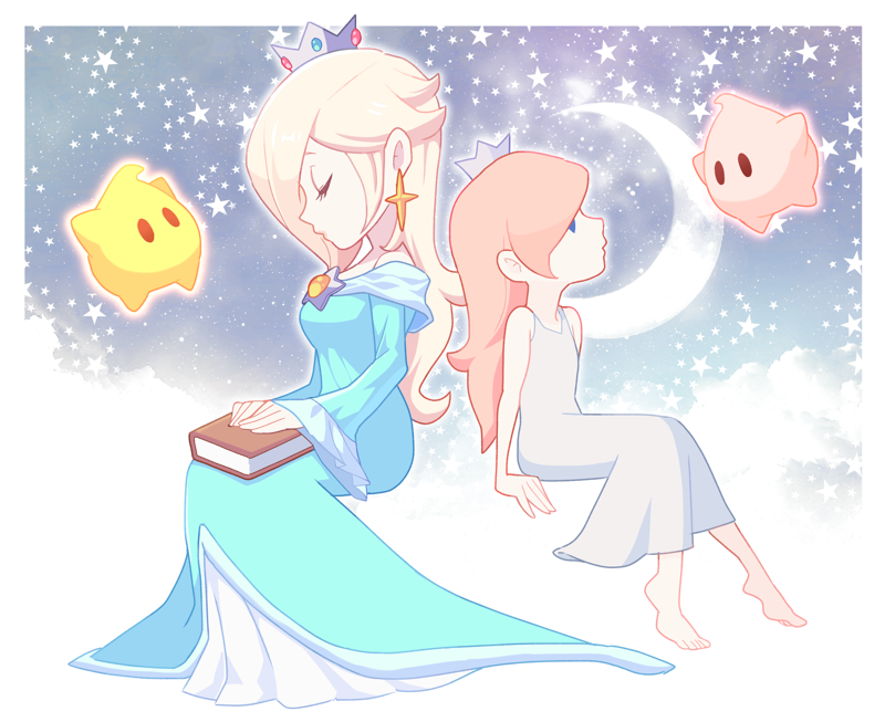 1girl, barefoot, blonde_hair, blue_dress, book, crescent_moon, crown, dress, earrings, hoshikuzu_pan, jewelry, luma_(mario), moon, rosalina, sitting, sky, star_(sky), starry_sky, super_mario_bros., super_mario_galaxy, time_paradox, white_dress