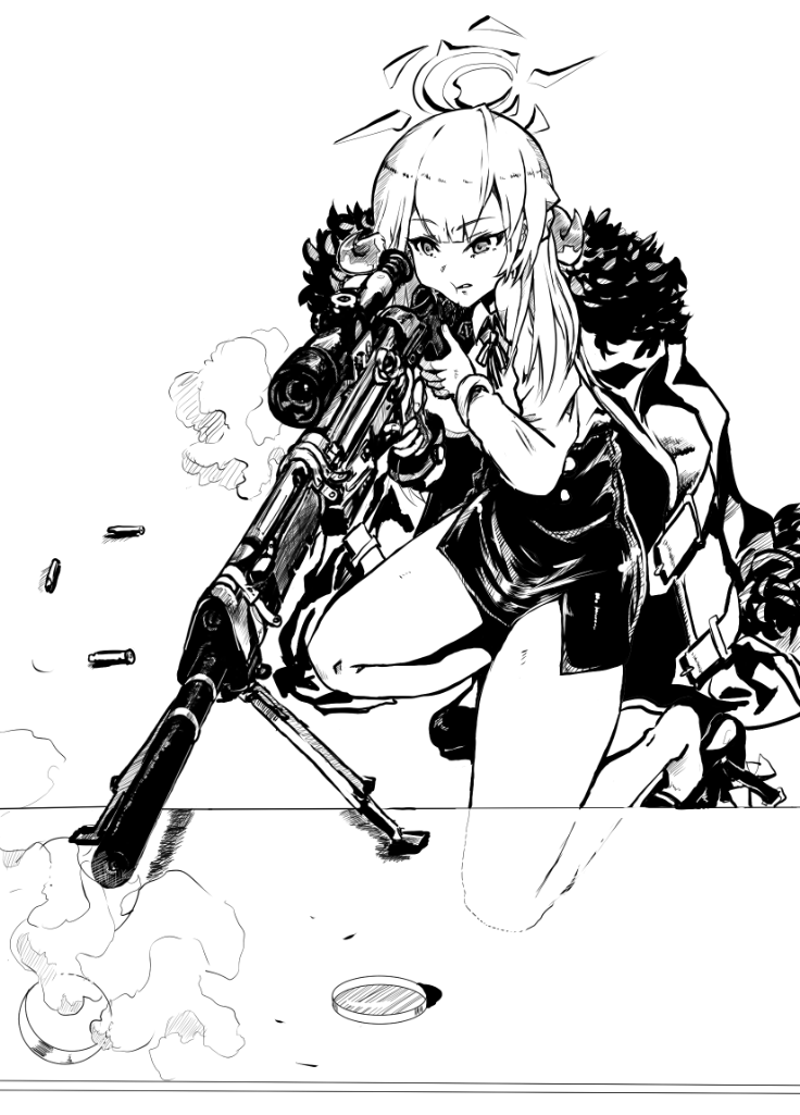1girl, aru_(blue_archive), bare_legs, bipod, blue_archive, eyebrows_visible_through_hair, finger_on_trigger, full_body