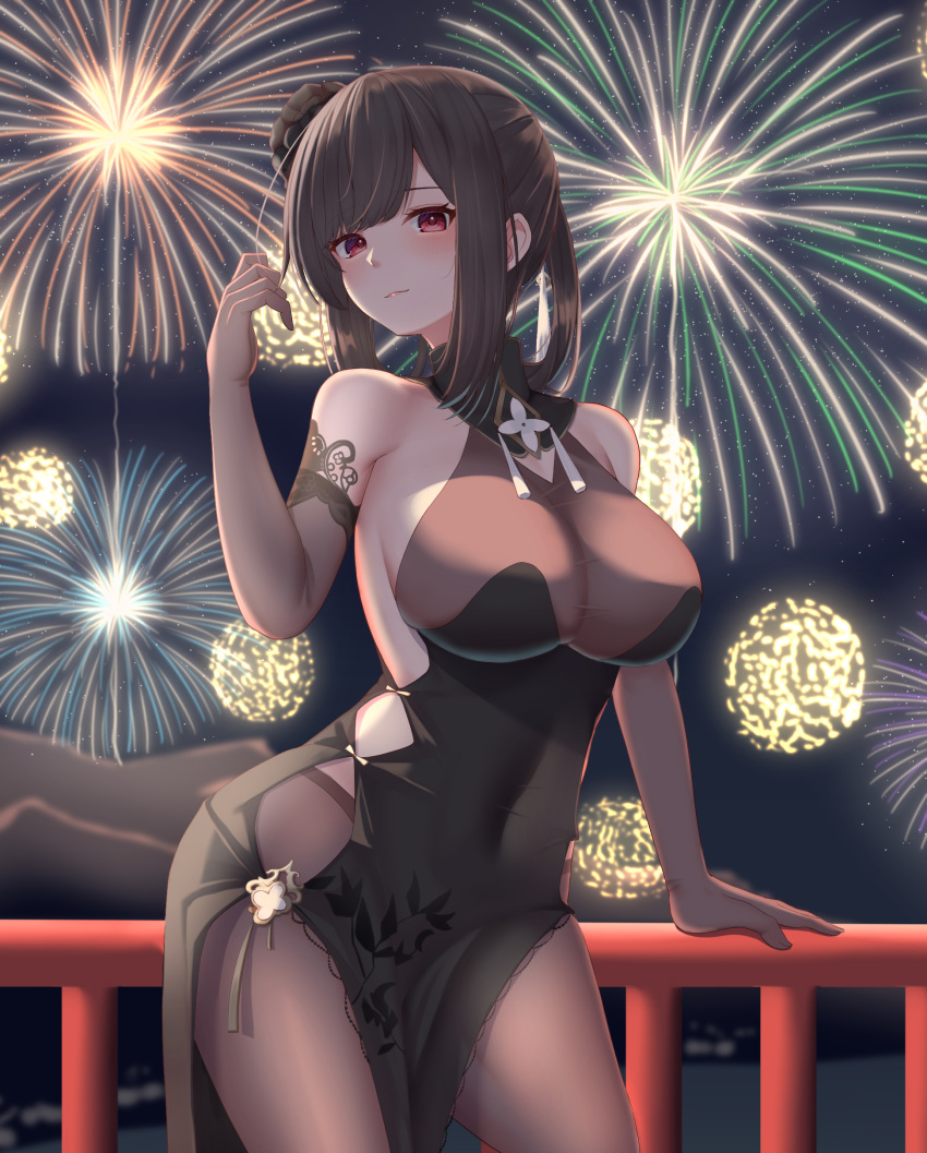 1girl, absurdres, azur_lane, bangs, bare_shoulders, black_dress, black_legwear, blush, breasts, china_dress, chinese_clothes, closed_mouth, commentary_request, covered_navel, cowboy_shot, dress, elbow_gloves, fireworks, gloves, hand_up, highres, large_breasts, long_hair, looking_at_viewer, mashiro03, official_alternate_costume, outdoors, pantyhose, red_eyes, sleeveless, sleeveless_dress, solo, zhenhai_(azur_lane), zhenhai_(vestibule_of_wonders)_(azur_lane)