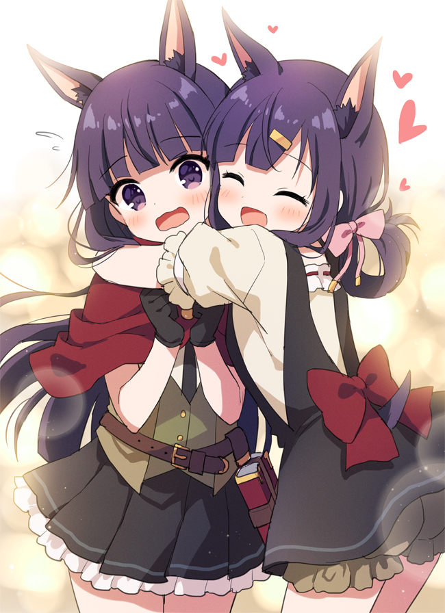 2girls, :d, ^_^, animal_ear_fluff, animal_ears, black_dress, black_gloves, black_necktie