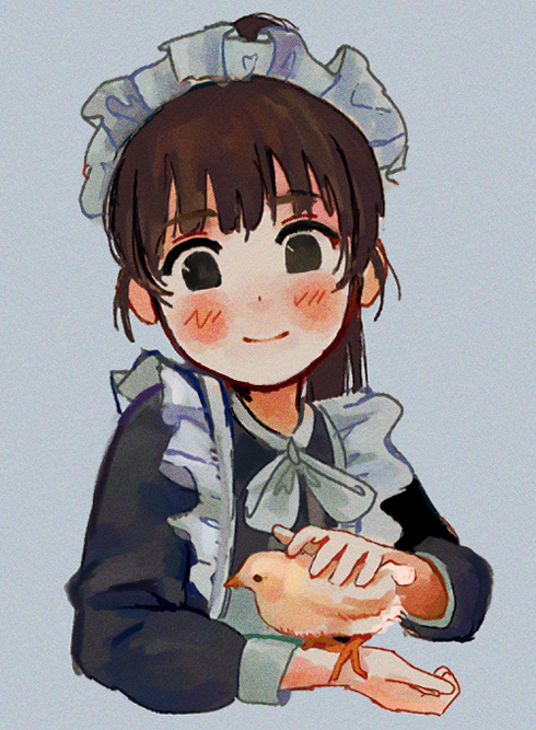 ._., 1girl, animal, animal_on_arm, apron, bangs, bird, bird_on_arm, black_eyes, blue_background, blunt_bangs, brown_hair, chick, closed_mouth, commentary, cropped_torso, dot_nose, english_commentary, eyebrows_visible_through_hair, film_grain, frilled_apron, frilled_hairband, frills, hairband, hand_up, io_(onisarashi), long_hair, long_sleeves, looking_at_viewer, maid, maid_apron, maid_headdress, neck_ribbon, petting, ponko_(ponkotsu_ponko), ponkotsu_ponko, ponytail, ribbon, simple_background, sleeve_cuffs, smile, solo, white_apron, white_hairband, white_ribbon