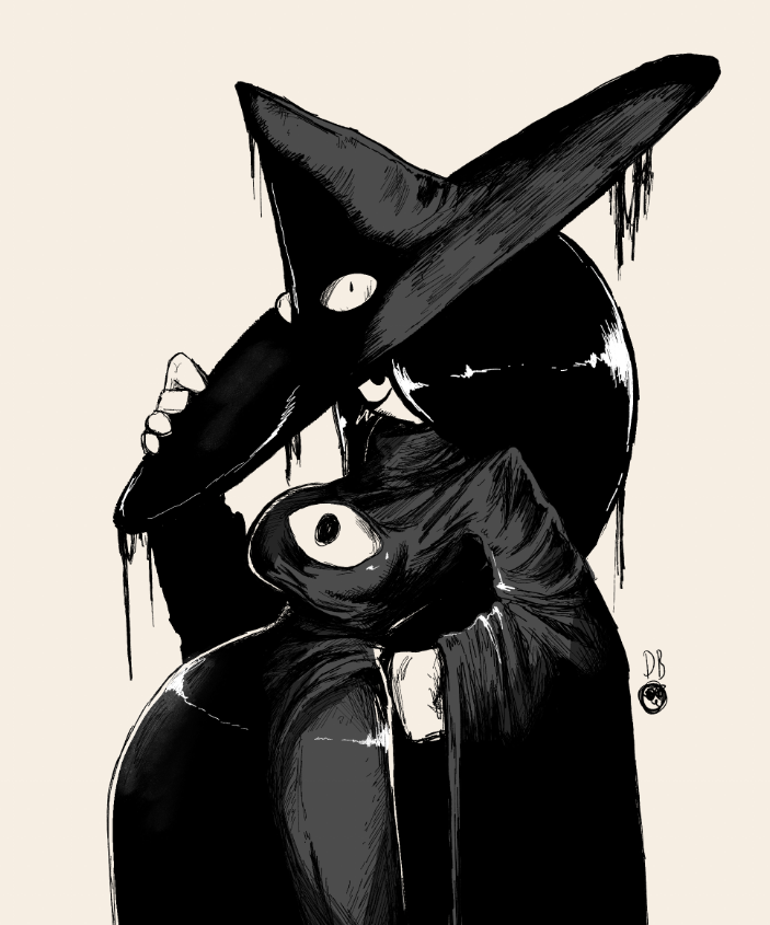 1girl, beige_background, breasts, clenched_hand, english_commentary, hand_on_headwear, hand_on_hip, hat, head_tilt, large_breasts, leaning_back, long_hair, monochrome, one_eye_covered, original, solo, very_long_hair, wide_hips, witch, witch_hat, witchdoctordb