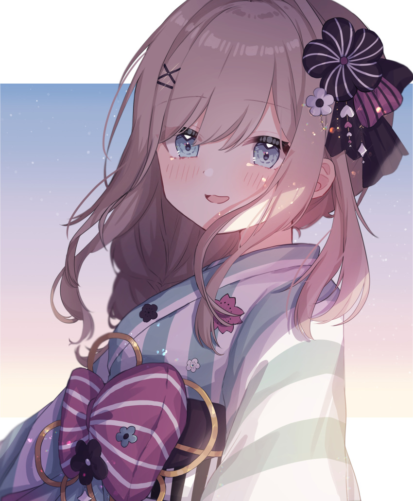 1girl, absurdres, blue_eyes, blush, bow, brown_hair, hair_bow, hair_ornament