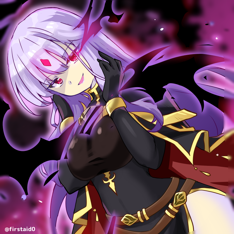 1girl, aura, bare_shoulders, breasts, cloak, corruption, crystal, dark_persona, diamond_(shape), elbow_gloves, evil, evil_smile, fire_emblem, fire_emblem:_genealogy_of_the_holy_war, gloves, glowing, glowing_eye, half-holding, julia_(fire_emblem), large_breasts, lipstick, looking_at_viewer, loptous_(fire_emblem), makeup, possessed, red_eyes, simple_background, slit_pupils, smile, thighs, twitter_username, violet_eyes, weapon, white_background, yukia_(firstaid0)