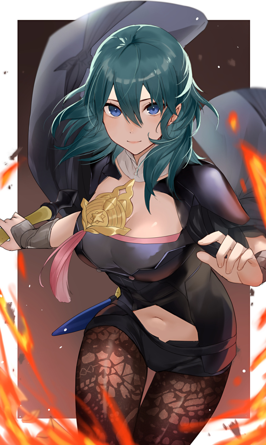 1girl, armor, bangs, black_armor, black_coat, black_shorts, blue_eyes, blue_hair, border, breasts, brown_legwear, bustier, byleth_(fire_emblem), byleth_eisner_(female), clothing_cutout, coat, fire, fire_emblem, fire_emblem:_three_houses, hair_between_eyes, haru_(nakajou-28), highres, holding, holding_sword, holding_weapon, large_breasts, long_hair, looking_at_viewer, navel, navel_cutout, outside_border, pantyhose, short_shorts, shorts, shoulder_armor, sleeveless, smile, solo, sword, sword_of_the_creator, weapon, white_border