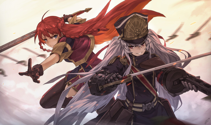 2girls, ahoge, altair_(re:creators), armor, bangs, belt, blue_eyes, braid, brown_gloves, closed_mouth, embers, gloves, grey_hair, grin, gun, hair_between_eyes, hair_tie, hat, highres, holding, holding_gun, holding_sword, holding_weapon, long_hair, looking_at_viewer, military, military_uniform, multiple_girls, outstretched_arm, photoshop_(medium), ppsh-41, re:creators, red_eyes, redhead, revision, saber_(weapon), selesia_upitiria, smile, submachine_gun, sword, thigh-highs, uniform, very_long_hair, weapon, white_background, zhaoyuan_pan