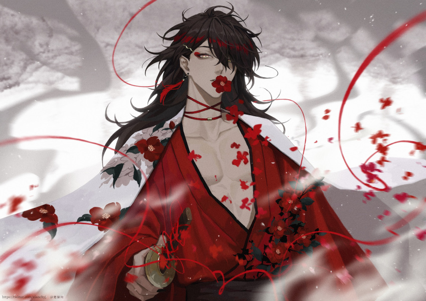 1boy, artist_name, bangs, earrings, eyeshadow, flower, hair_over_one_eye, head_tilt, highres, holding, holding_sword, holding_weapon, japanese_clothes, jewelry, katana, kimono, kimono_on_shoulders, leaning_back, makeup, male_focus, multicolored_hair, nijisanji, nijisanji_en, pectorals, red_eyeshadow, red_flower, red_kimono, redhead, single_earring, solo, streaked_hair, sword, upper_body, virtual_youtuber, vox_akuma, weapon, web_address, white_kimono, xianchyj, yellow_eyes