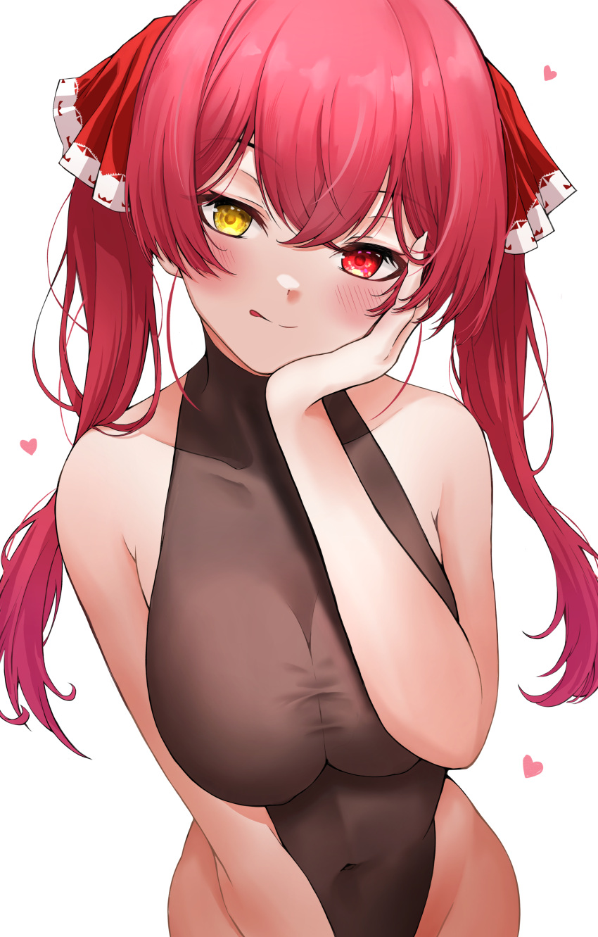 1girl, :p, absurdres, bangs, bare_shoulders, blush, breasts, brown_leotard