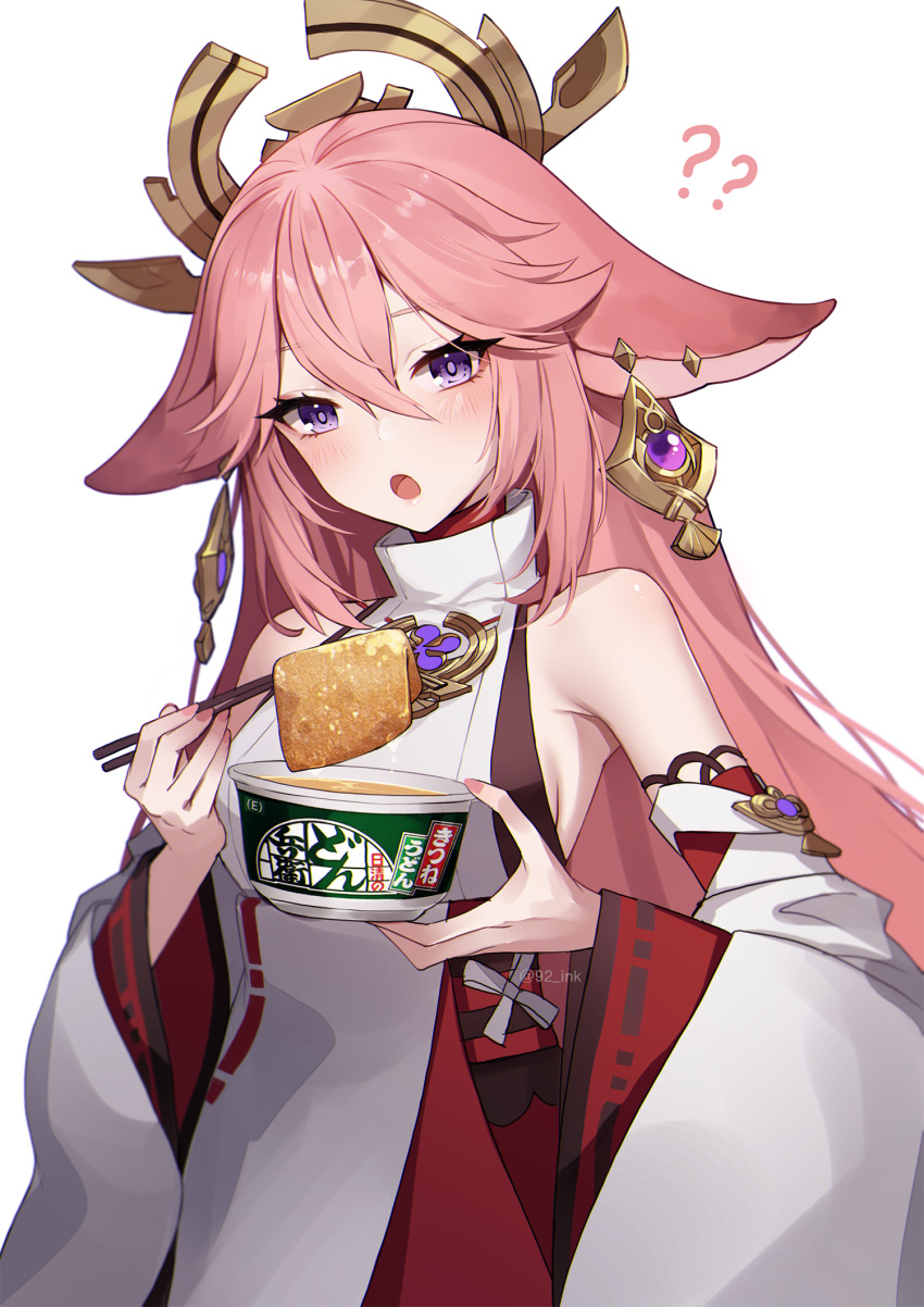 1girl, ?, ??, animal_ears, ankkoyom, bare_shoulders, blush, chopsticks, detached_sleeves, donbee_(food), earrings, fox_ears, genshin_impact, hair_between_eyes, hair_ornament, highres, jewelry, long_hair, open_mouth, pink_hair, pink_nails, simple_background, solo, violet_eyes, white_background, yae_miko
