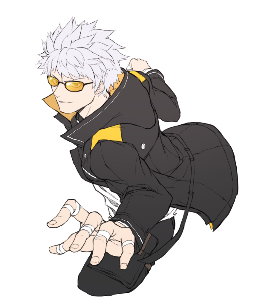 1boy, bandaged_fingers, bandages, black_jacket, black_pants, cleanerjay, clenched_hand, closers