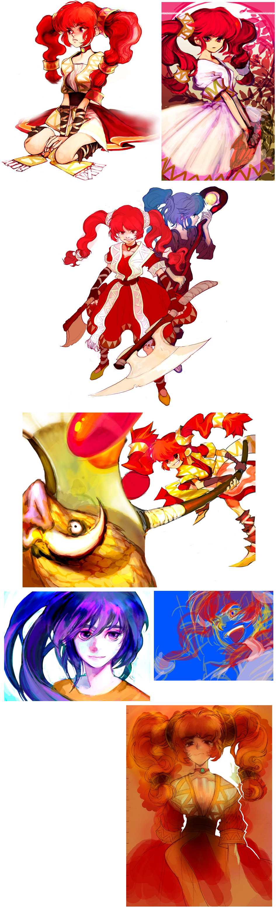 1boy, 1girl, absurdres, arcturus, axe, bangs, black_sash, blue_eyes