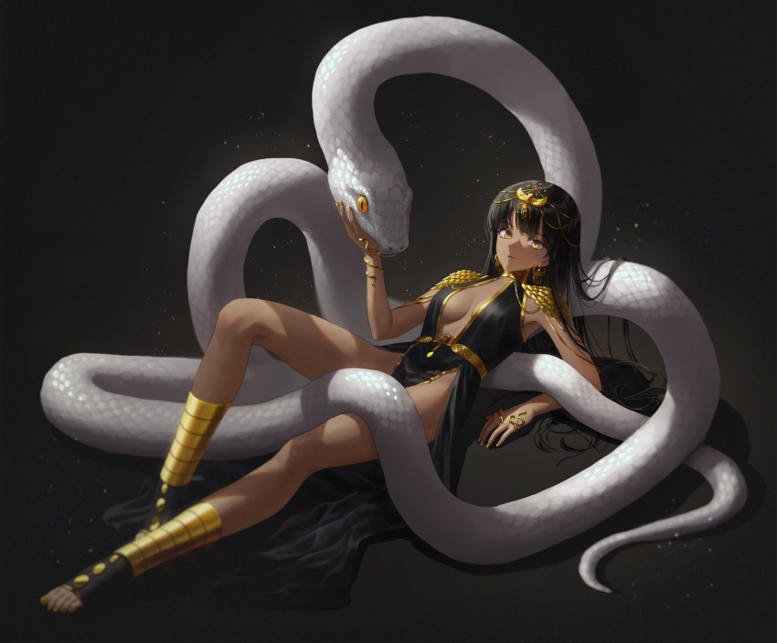 1girl, absurdres, alohayuja, animal_ears, ankh, bangs, black_background, black_dress