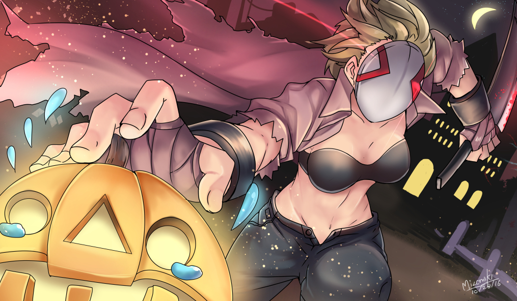 1girl, black_bandeau, black_pants, blonde_hair, bloody_murderer, brown_gloves, brown_jacket, cleaver