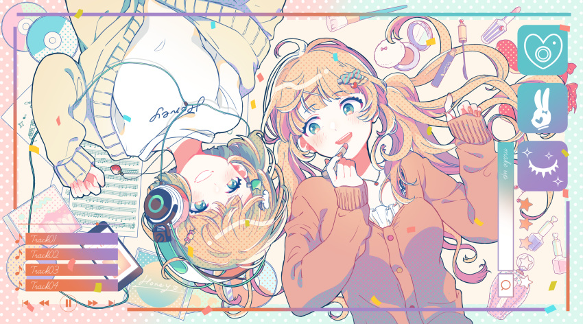 2girls, ahoge, applying_makeup, aqua_eyes, bangs, blonde_hair, blue_eyes, blunt_bangs