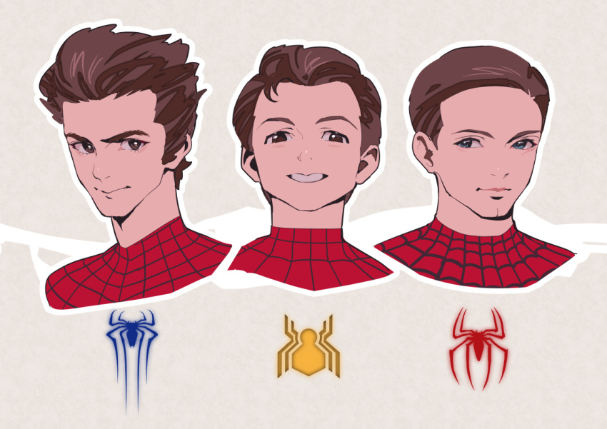 3boys, andrew_garfield, bodysuit, brown_hair, commentary, english_commentary, headset, ikuchan_kaoru, looking_at_viewer, male_focus, marvel, marvel_cinematic_universe, multiple_boys, muscular, peter_parker, red_bodysuit, short_hair, solo_focus, sony, spider-man, spider-man_(series), spider_web_print, superhero, teeth, tobey_maguire, tom_holland