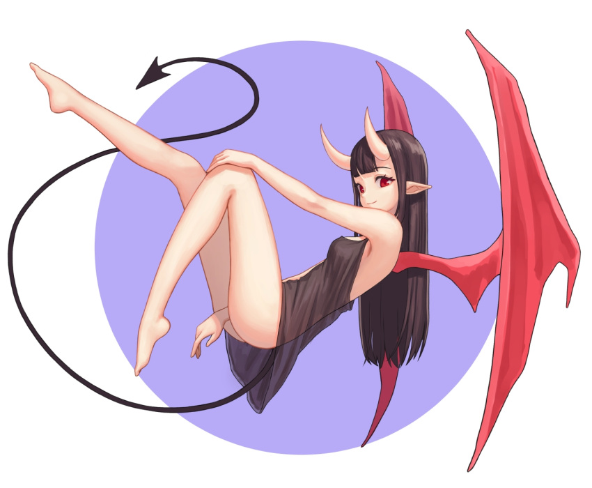 1girl, alohayuja, bangs, bare_legs, barefoot, black_dress, blunt_bangs, breasts