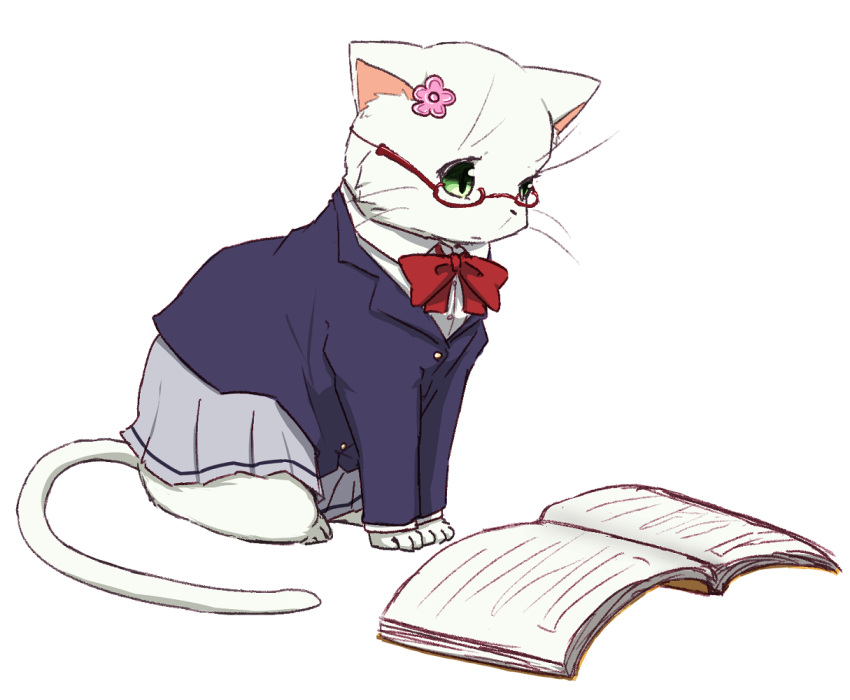 animal, animal_focus, book, bow, cat, closed_mouth, commentary_request, flower, frilled_skirt, frills, furrification, furry, glasses, green_eyes, grey_skirt, hair_flower, hair_ornament, idolmaster, idolmaster_cinderella_girls, ito_(itokayu), long_sleeves, maekawa_miku, no_humans, open_book, pink_flower, reading, red_bow, school_uniform, simple_background, skirt, white_background