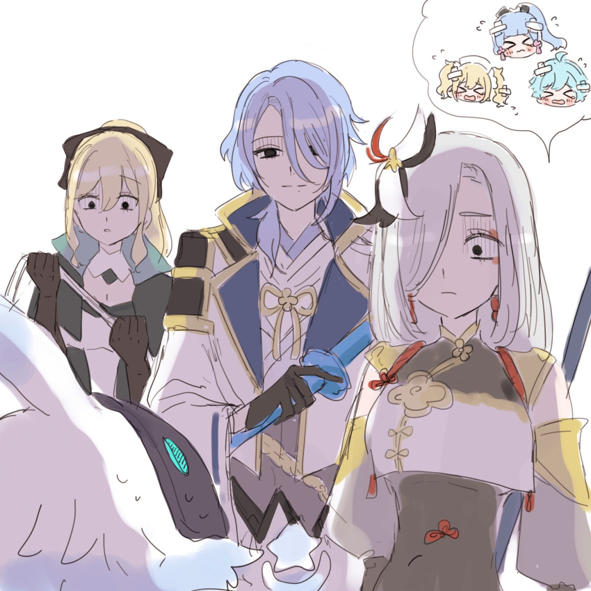 >o<, 2boys, 4girls, abyss_mage_(genshin_impact), aunt_and_nephew, bandages, barbara_(genshin_impact), black_eyes