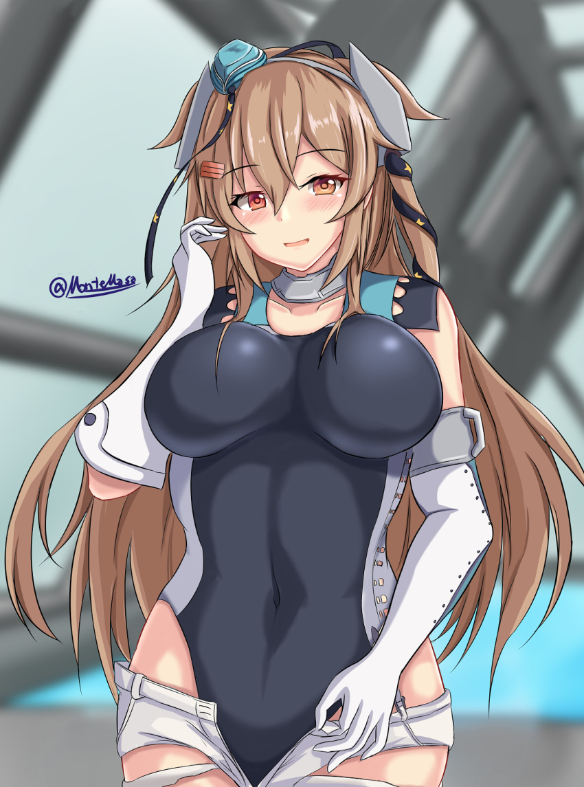 1girl, aqua_headwear, black_ribbon, black_swimsuit, breasts, brown_eyes, competition_swimsuit, cosplay, covered_navel, cowboy_shot, elbow_gloves, garrison_cap, gloves, hair_ribbon, hat, heterochromia, highleg, highleg_swimsuit, highres, kantai_collection, large_breasts, light_brown_hair, long_hair, montemasa, murasame_(kancolle), murasame_kai_ni_(kancolle), one-piece_swimsuit, red_eyes, rei_no_pool, remodel_(kantai_collection), ribbon, scamp_(kancolle), scamp_(kancolle)_(cosplay), short_shorts, shorts, solo, swimsuit, two-tone_swimsuit, two_side_up, water, white_gloves, white_shorts, white_swimsuit