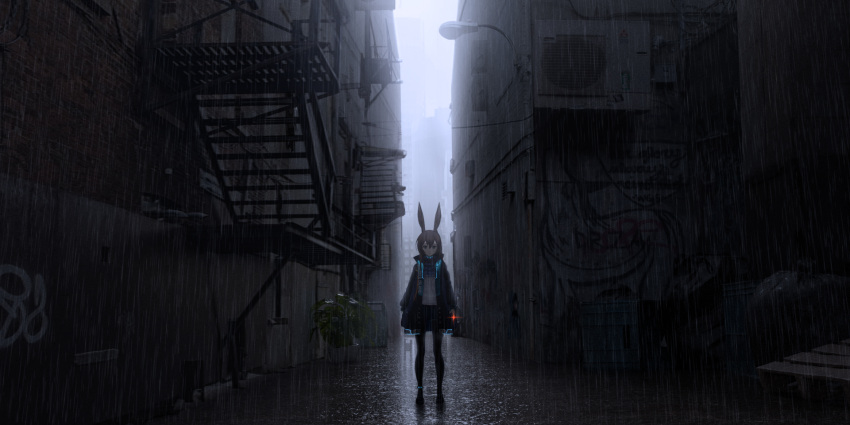 1girl, alley, amiya_(arknights), animal_ears, arknights, bencao_gangmu_(anquan_sy), black_jacket, black_legwear