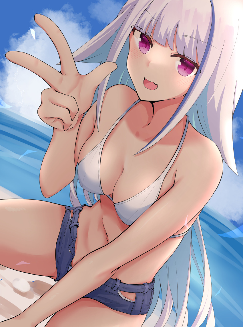1girl, absurdres, arm_support, bangs, beach, bikini, blue_hair, blue_shorts