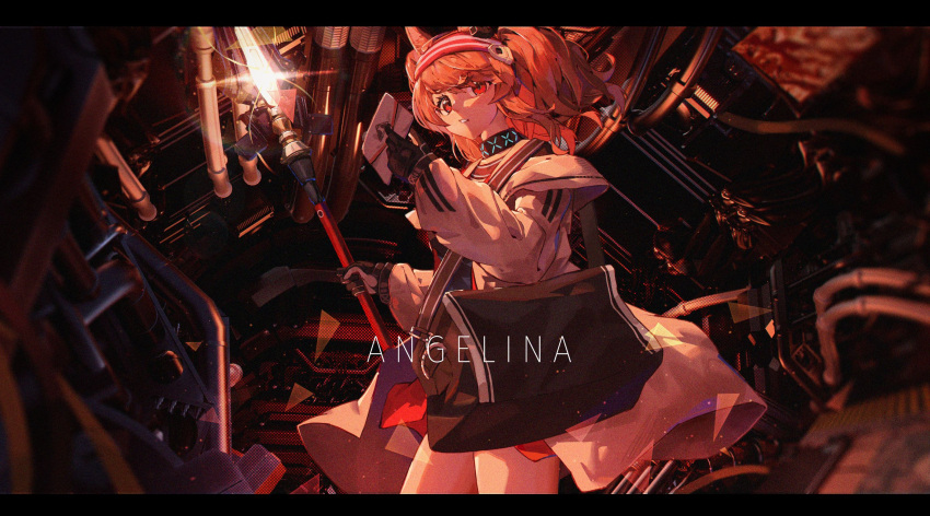 1girl, angelina_(arknights), animal_ears, arknights, bag, black_gloves, brown_hair, chinese_commentary