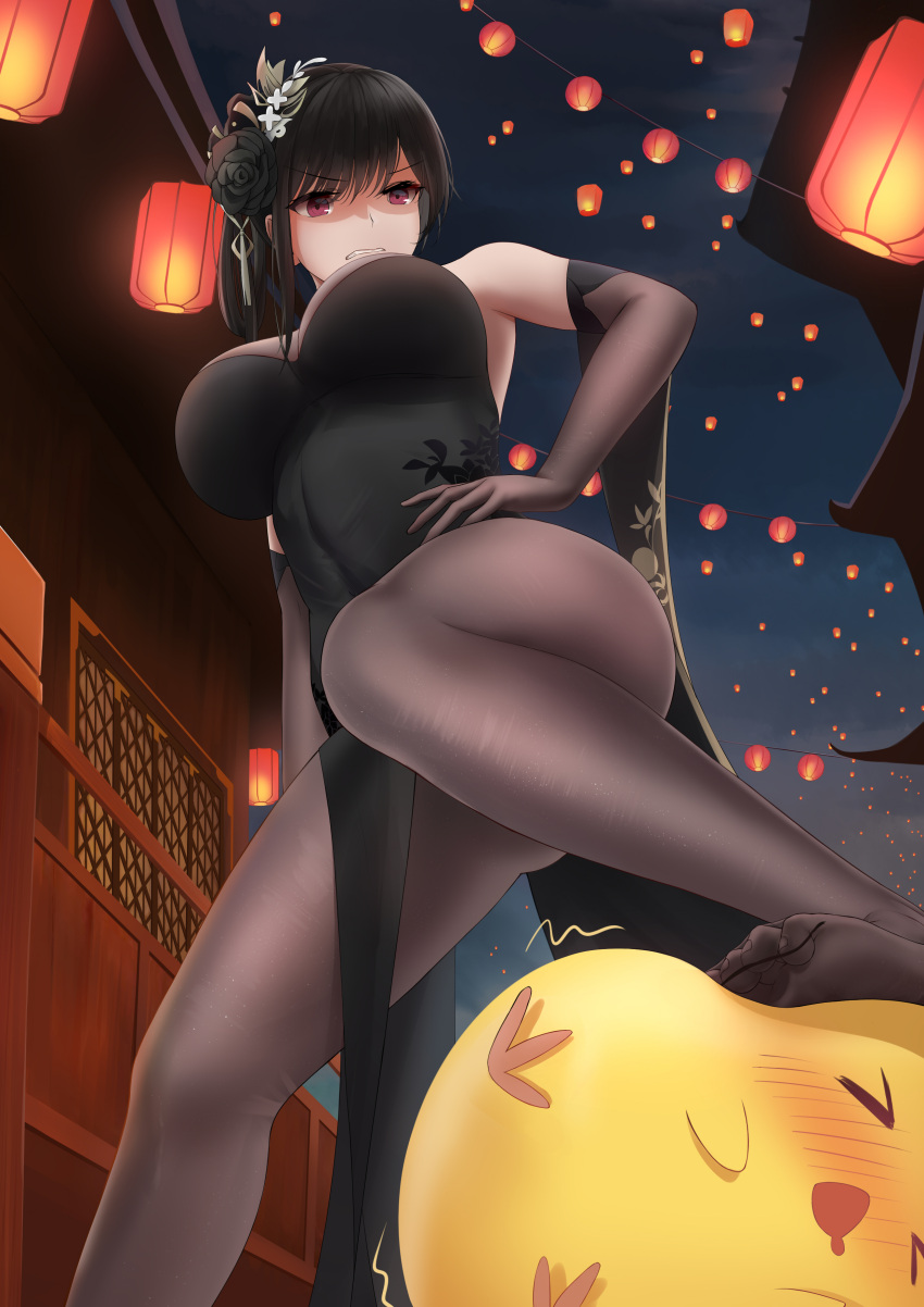 >_<, 1girl, absurdres, azur_lane, bangs, black_dress, black_gloves, black_hair
