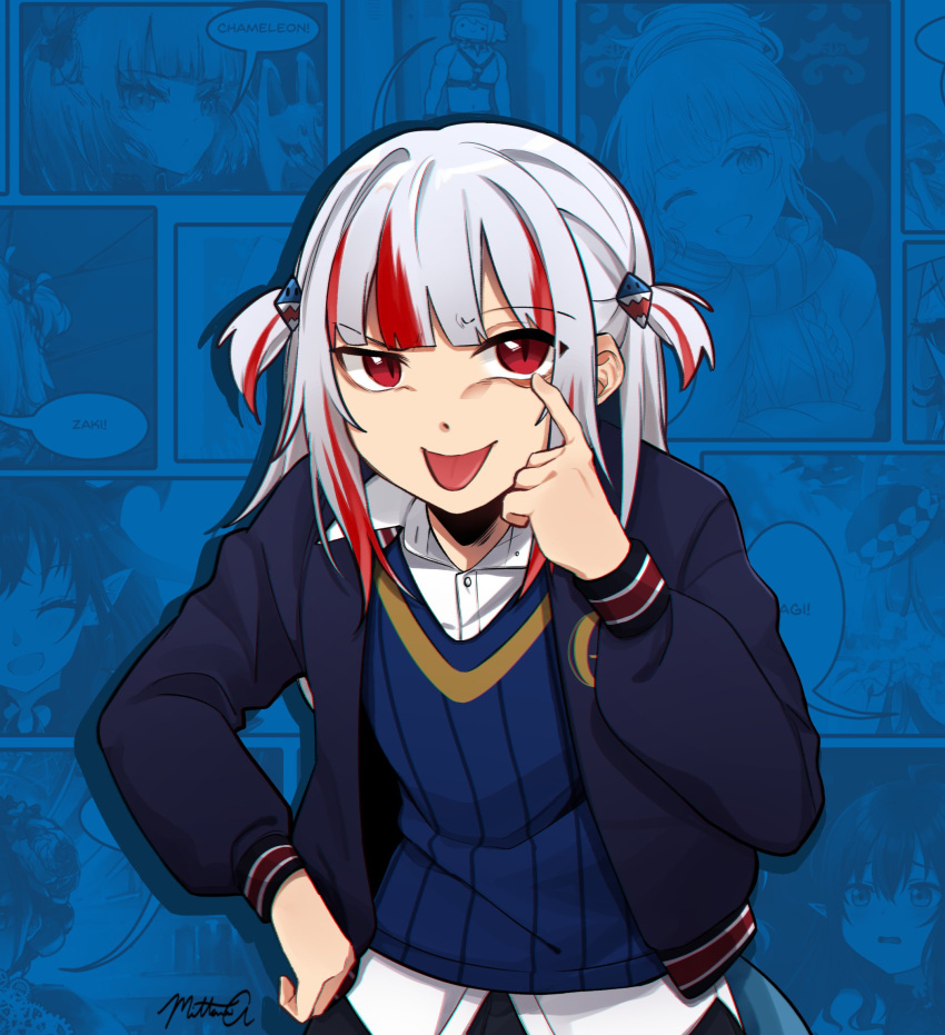 1girl, :p, akanbe, bangs, blue_background, blue_jacket, blue_theme, blue_vest