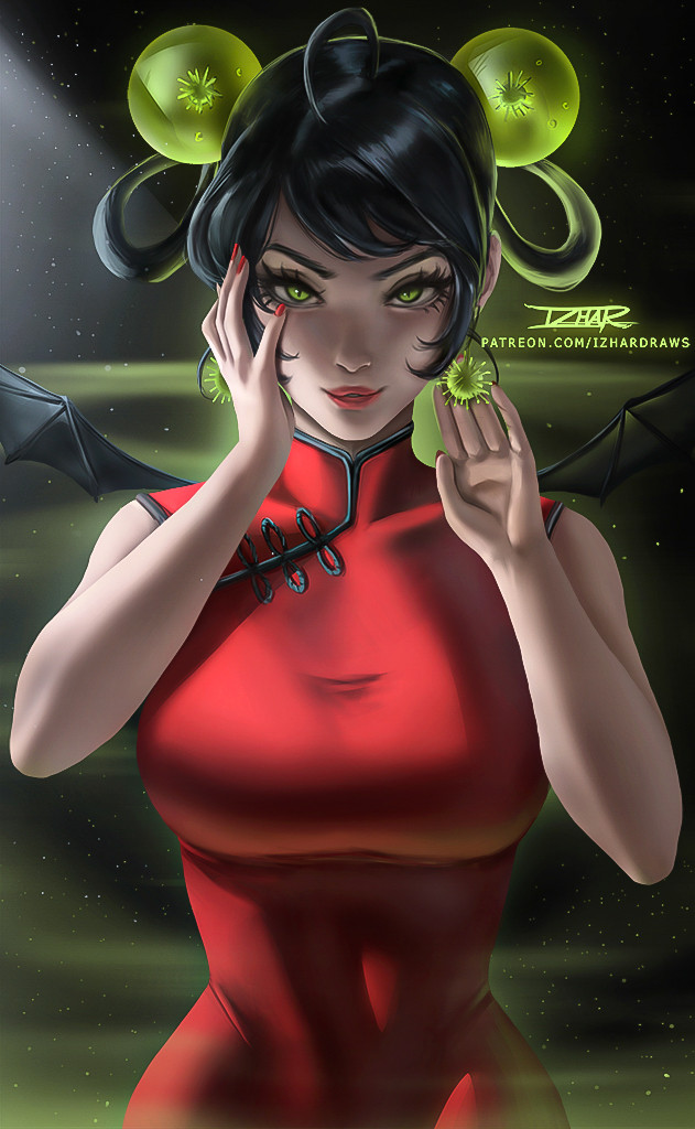 1girl, artist_name, bat_wings, black_background, black_hair, corona-chan, coronavirus, dress