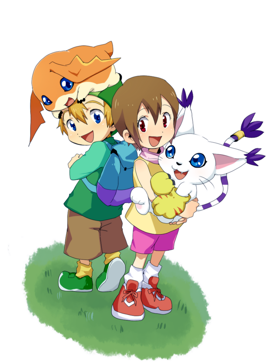 bad_id, bag, blonde_hair, blue_eyes, brown_hair, cat, digimon, digimon_adventure, gloves, hat, highres, open_mouth, patamon, red_eyes, scarf, sendou, short_hair, tail, tailmon, takaishi_takeru, yagami_hikari, young