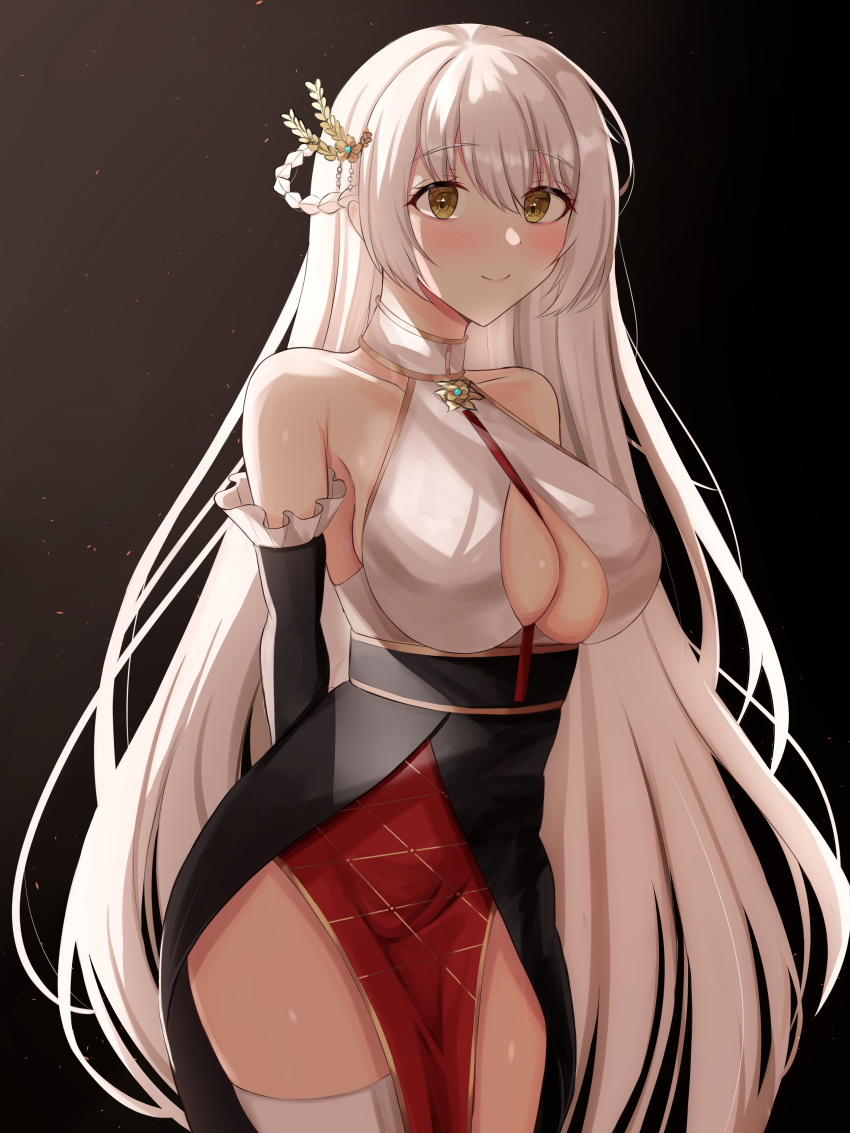 1girl, absurdres, arms_behind_back, azur_lane, bare_shoulders, black_background, black_gloves, center_opening, china_dress, chinese_clothes, cleavage_cutout, clothing_cutout, dress, elbow_gloves, eyebrows_visible_through_hair, flower, frilled_gloves, frills, gloves, hermione_(azur_lane), hermione_(pristine_herbalist)_(azur_lane), highres, kuon_(kuon), long_hair, looking_at_viewer, official_alternate_costume, pelvic_curtain, red_flower, simple_background, single_thighhigh, solo, standing, thigh-highs, very_long_hair, white_hair, white_legwear, yellow_eyes