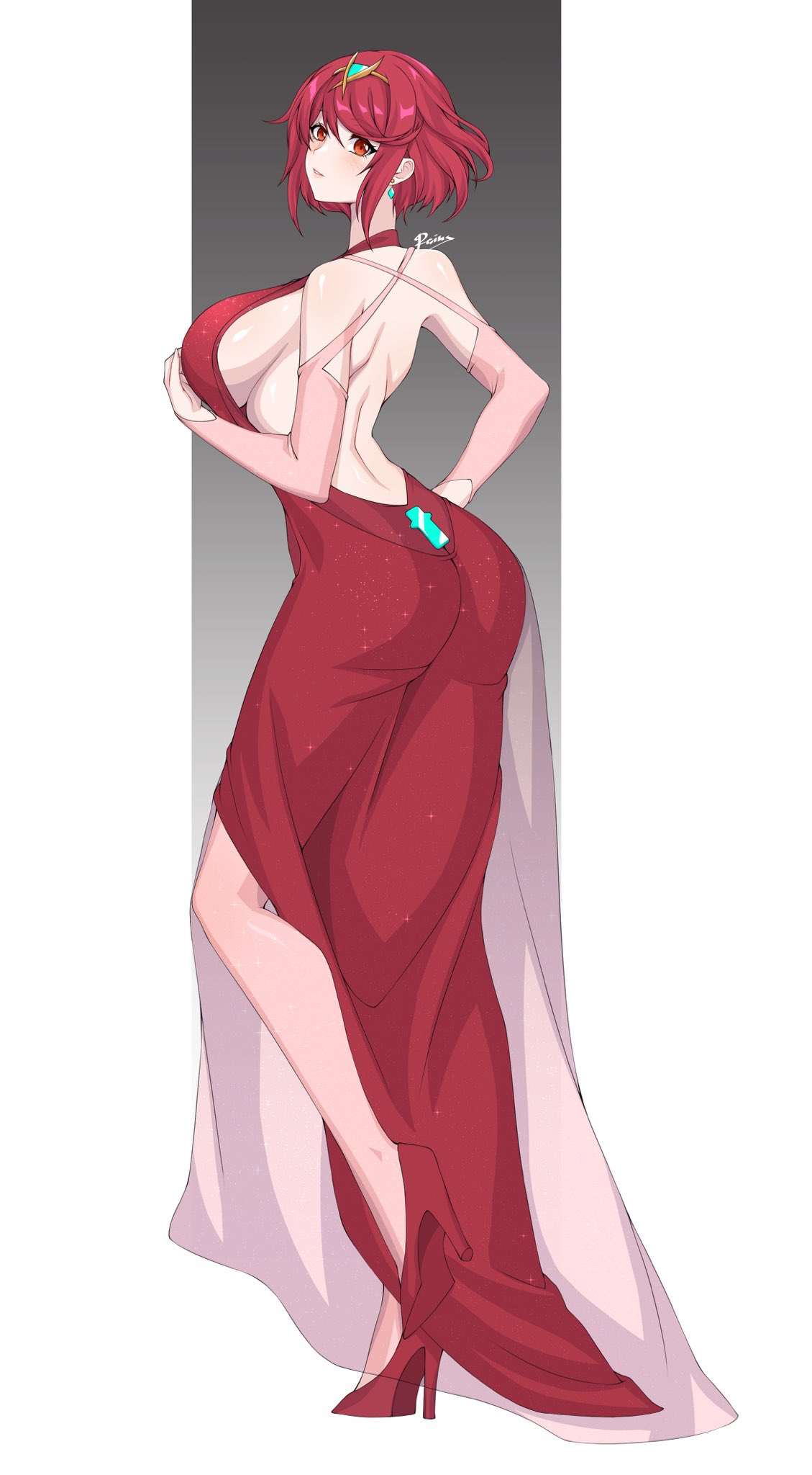 1girl, ass, backless_outfit, bangs, breasts, bridal_gauntlets, cero_rains, commission, dress, ear_piercing, earrings, full_body, hair_ornament, high_heels, highres, jewelry, large_breasts, long_legs, looking_at_viewer, looking_back, piercing, pyra_(xenoblade), red_dress, red_eyes, redhead, short_hair, sideboob, solo, xenoblade_chronicles_(series), xenoblade_chronicles_2