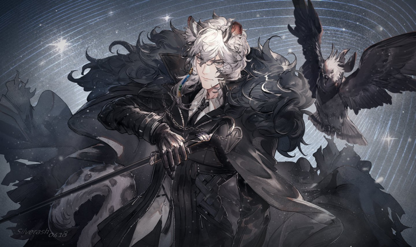 1boy, animal_ears, arknights, bird, cane, cane_sword, cape, collared_shirt, fur_trim, gloves, grey_eyes, hawk, holding, holding_cane, long_jacket, necktie, ryuuzaki_ichi, shirt, silverash_(arknights), star_(sky), tail, tenzin_(arknights), white_hair
