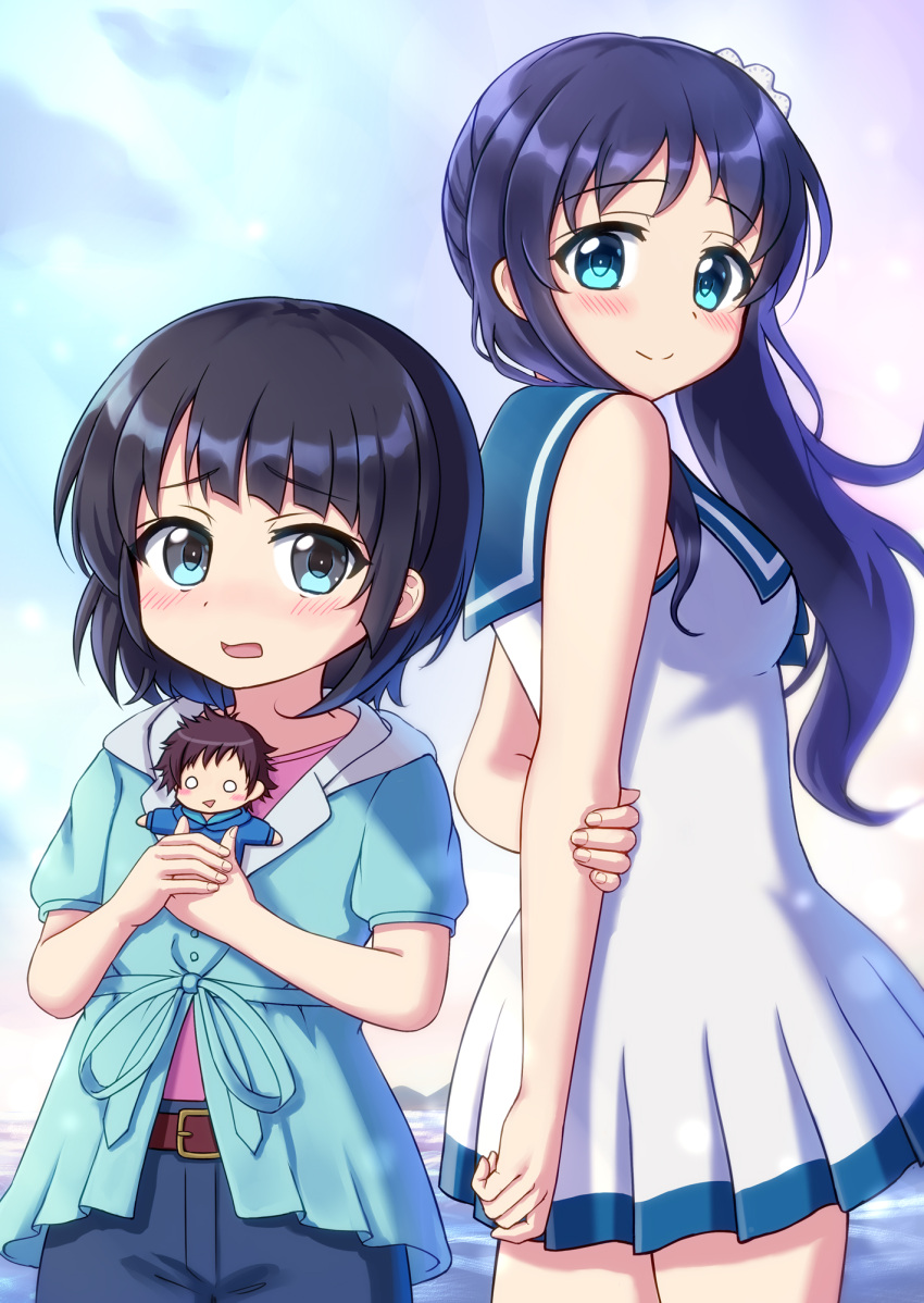 2girls, back-to-back, black_hair, blue_eyes, blue_hair, blue_sailor_collar, character_doll, commentary_request