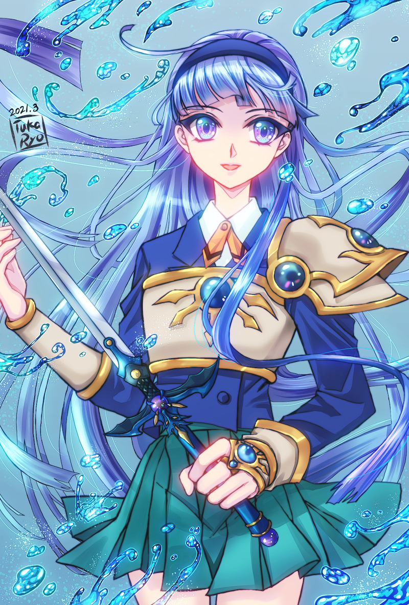 1girl, :d, armor, armored_dress, blue_eyes, blue_hair, blue_hairband, blue_jacket, blue_skirt, blue_theme, clamp_(style), cowboy_shot, dated, feet_out_of_frame, female, hairband, holding, holding_sword, holding_weapon, jacket, left-handed, long_hair, looking_at_viewer, magic_knight_rayearth, official_style, open_mouth, parted_lips, pleated_skirt, rapier, ryuuzaki_umi, school_uniform, signature, skirt, smile, solo, standing, sword, tuka_ryo, water, weapon