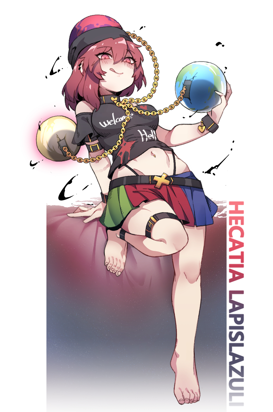 1girl, :q, bare_shoulders, barefoot, belt, black_shirt, blush, breasts